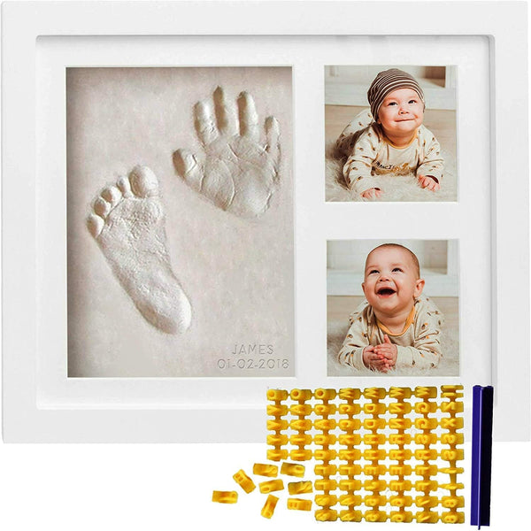 Baby Handprint & Footprint Kit (Date & Name Stamp) Clay Hand Print Picture Frame for Newborn - Best New Mom Gift - Foot Impression Photo Keepsake for Girl & Boy - White Feet Imprint Mold