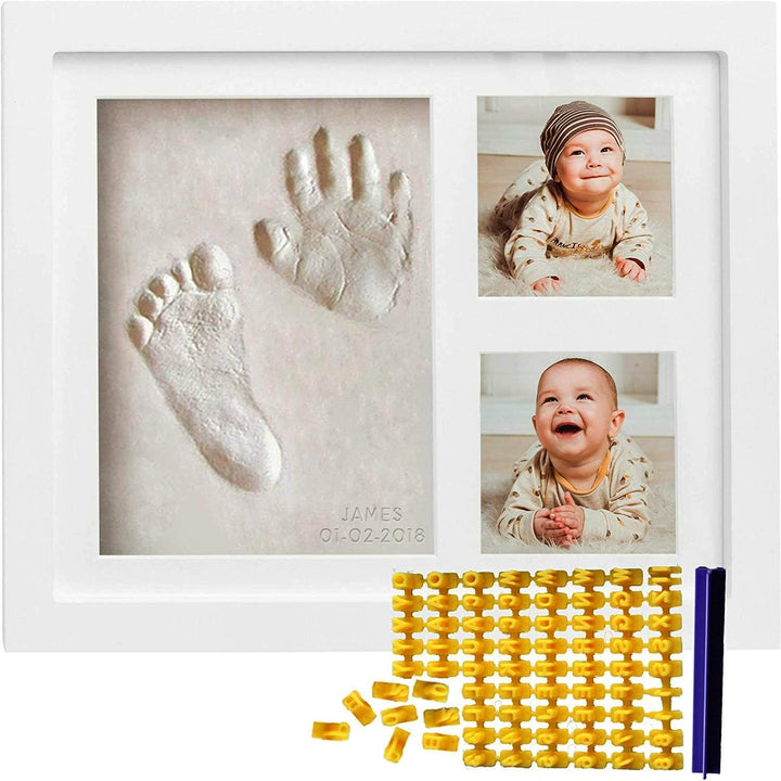 Baby Handprint & Footprint Kit (Date & Name Stamp) Clay Hand Print Picture Frame for Newborn - Best New Mom Gift - Foot Impression Photo Keepsake for Girl & Boy - White Feet Imprint Mold