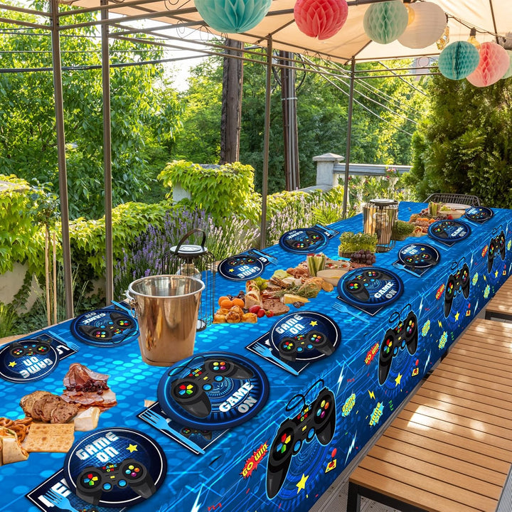 Video Game Party Supplies Tableware Set for 24 Guests - Gaming Birthday Plates, Blue Gamer Decorations Includes Plates, Napkins, Tablecloths