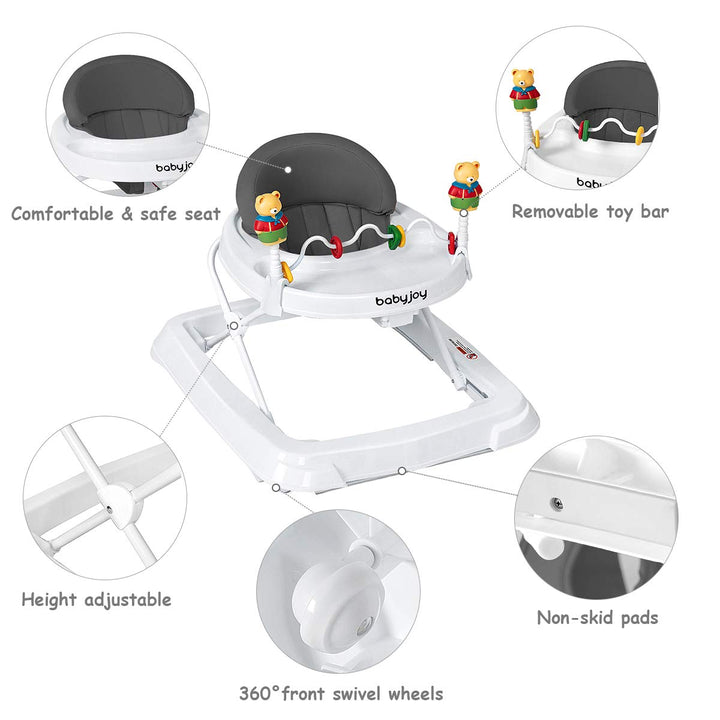 Baby Walker, Foldable Activity Walker with Adjustable Height, Large Tray & Removable Toys, Baby Walker with Wheels for Boys Girls 6-18 Months (Gray)