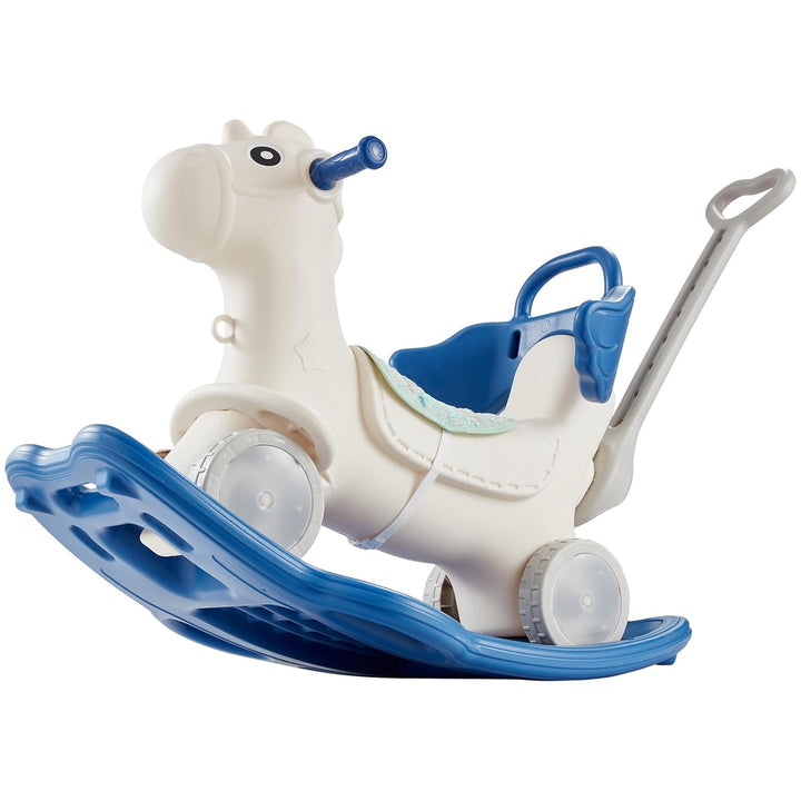 4 in 1 Rocking Horse for Toddlers 1-3 Years, Baby Rocking Horse with Detachable Balance Board, Push Handle and 4 Smooth Wheels, Support up to HDPE 80 Lbs Kids Ride on Toy with Sound, Blue