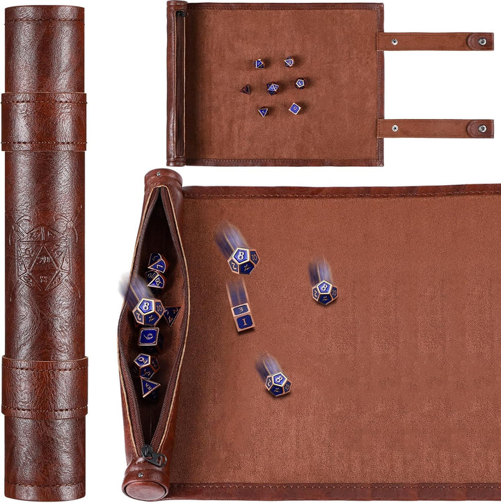 Dice Mat Tray Rolling Mat with Zipper PU Leather Folding Scroll Dice Bag Holder Table Christmas Game Accessories(Brown, Black,2 Pieces)