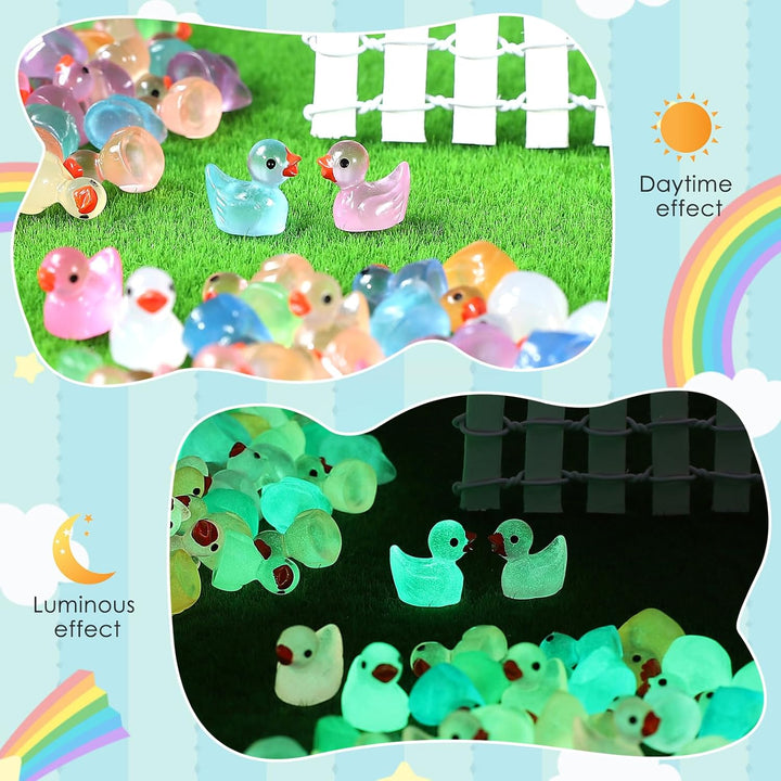 130Pcs Luminous Mini Resin Ducks,Glow in the Dark Tiny Duck for Home Hide Prank Game Dollhouse Decor Aquarium Potted Miniature Landscape DIY Ornament