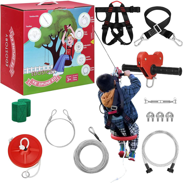 160 Feet Backyard Zip Line Kit for Kids and Adult up Outdoor to 330Lb with Stainless Steel Ziplines Spring Brake and Safety Harness, Christmas and Birthday Gifts for Kids(Red)