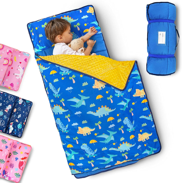 Toddler Nap Mat with Removable Pillow and Fleece Blanket, Extra Large 55''X35'' Sleeping Bag, Washable, Light, Easy to Roll Up, Perfect for Daycare, Preschool, Kindergarten, Travel