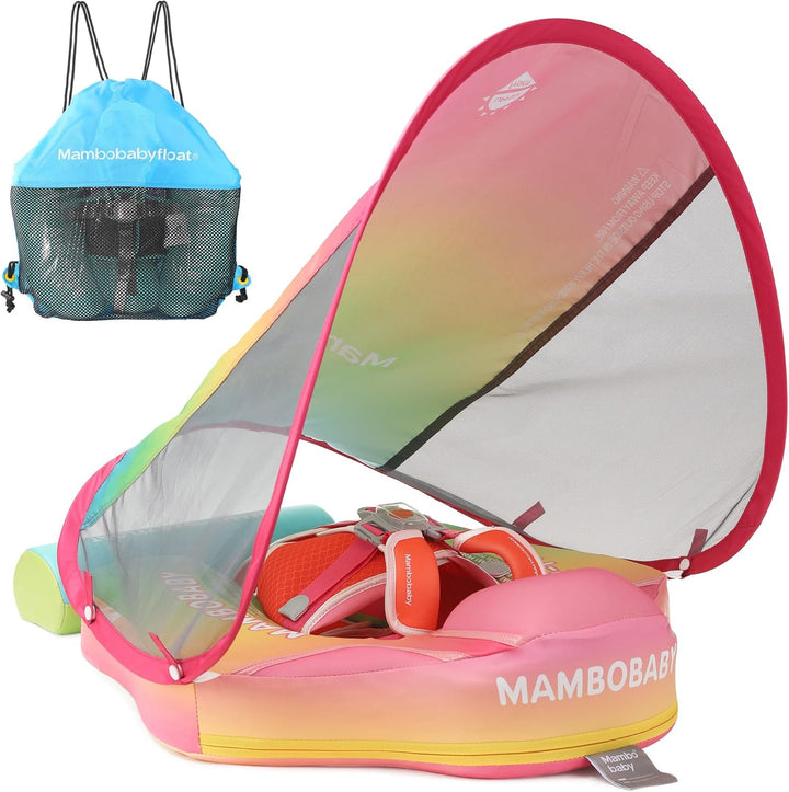 Mambobaby Float Add Tail Baby Swim Float with Canopy, Non-Inflatable Solid Baby Float, Upgrade Soft Skin-Friendly Fabric Material Infant Swim Float (Special Edition Green)