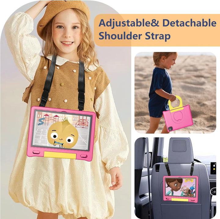 Kids Tablet with Strap, Android 14 Tablet for Kids 10 Inch, Toddler Tablets Octa-Core 64GB 1TB Expandable, Children'S Tablets with Case, Bluetooth Wifi Parental Control Dual