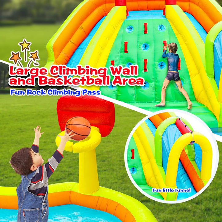 Inflatable Water Double Slides Park, Bounce House with Arched Water Gun Spray, Jumping Castle with Air Blower
