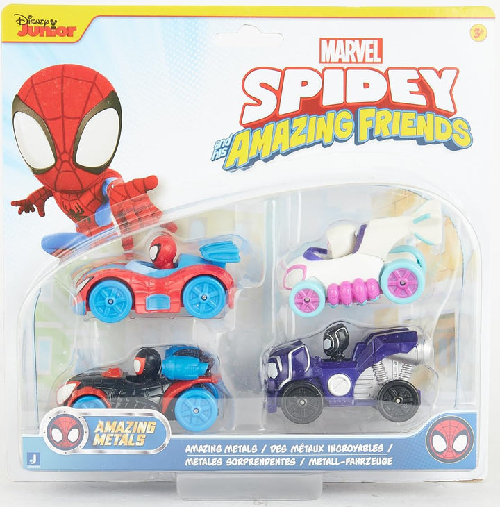 Marvel Spidey and Friends 4-Pack Die-Cast Vehicles - Includes Spidey, Ghost-Spider, Black Panther, Miles Morales - Superhero Toys for Kids 3+