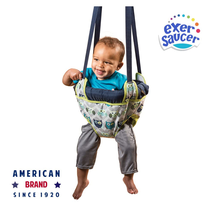 Exersaucer Johnny Jumper Featuring Easy-To-Use Clamp Attachment for Quick and Tool-Free Set up and Adjustable Straps to Customize the Height for Your Child, Owl
