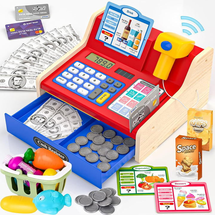 2025 Wooden Toy Cash Register for Kids,Rechargeable Counting Wood Cash Register Toys, Kids Cash Register with Scanner Realistic for Boy Girl Age 2-4 4-8, Pretend Toy Role-Playing Birthday Ideals Gift