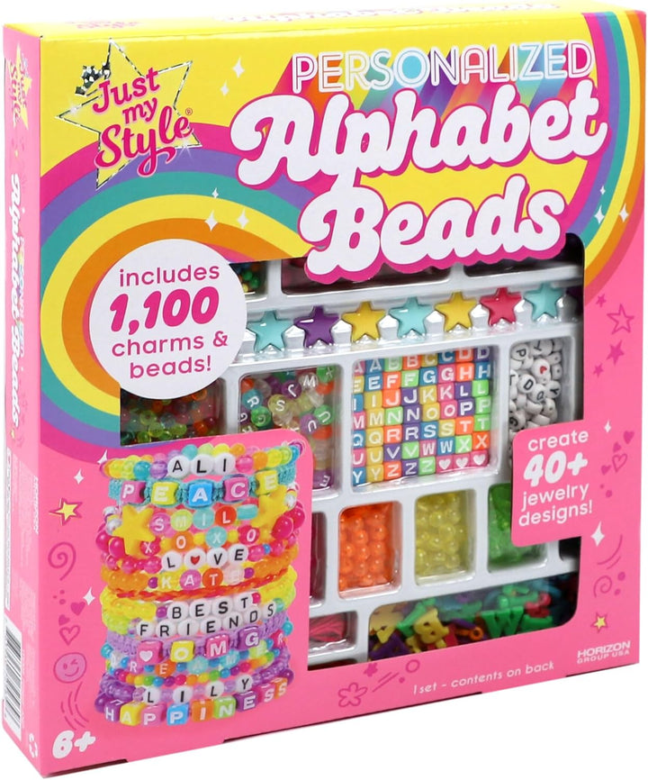 ABC Beads by Horizon Group Usa, 1000+ Charms & Beads, Alphabet Charms, Accent Seed Star Wax Beading Cord, Satin Cord Key Ring Included, Bright, Small