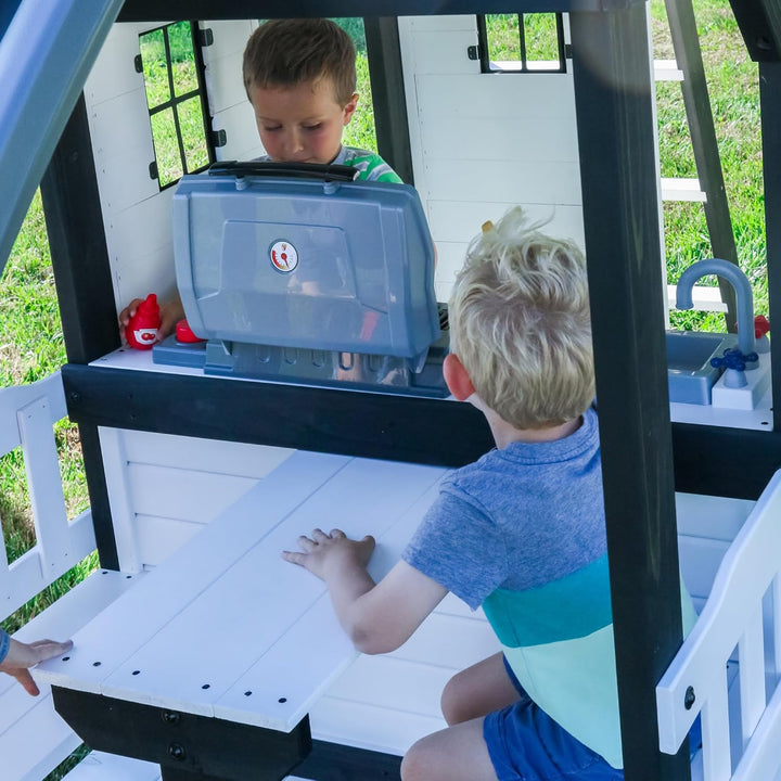 Canyon Creek White Cedar Wood Swing Set with Wave Slide, Clubhouse, Play Kitchen, Picnic Area, Belt Swings, Web Swing, Rock Wall, Balconies, Playhouse, Step Ladder, Outdoor Playset