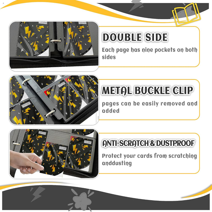 Trading Card Binder 9 Pocket，Card Binder 900 Pockets Card Book Holder Cards with 50 Removable Sleeves，3-Ring Zip Design Mtg/Tcg/Sport Collectible Trading Card Albums Gifts for Boys and Girls (Black)