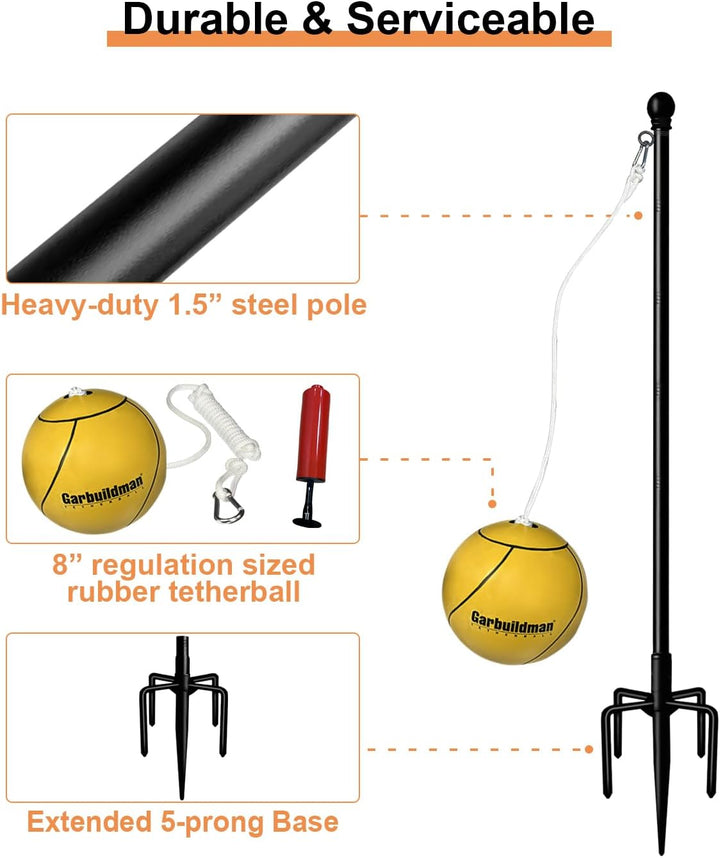 Tetherball Set with Ball & Rope for Outdoor Backyard, Adjustable Tether Ball Pole with Reinforced 5-Prong Base for Playground, outside Ball Games Sports for Kids & Adults, Black