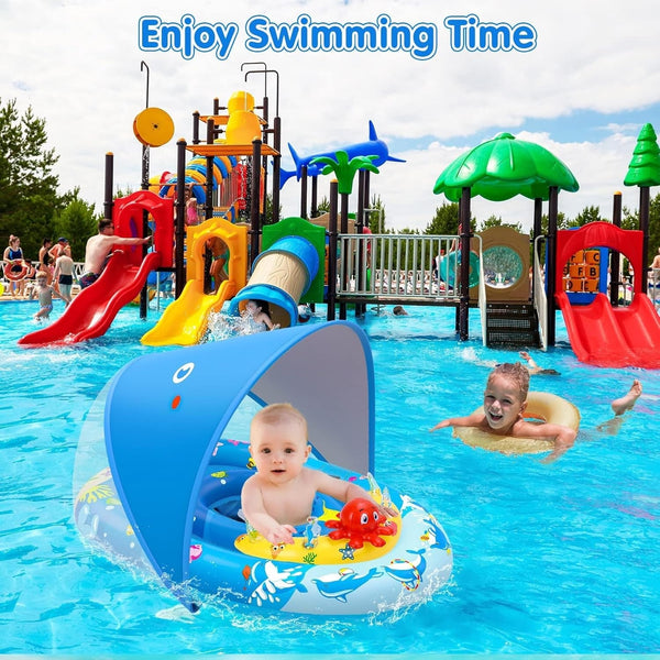 Baby Pool Float with Canopy, Infant Baby Swimming Pool Floats for 6-36 Months, Toddler Pool Float with UPF50+ Sun Protection Canopy & Toy Play Console, Adjustable Safety Seat