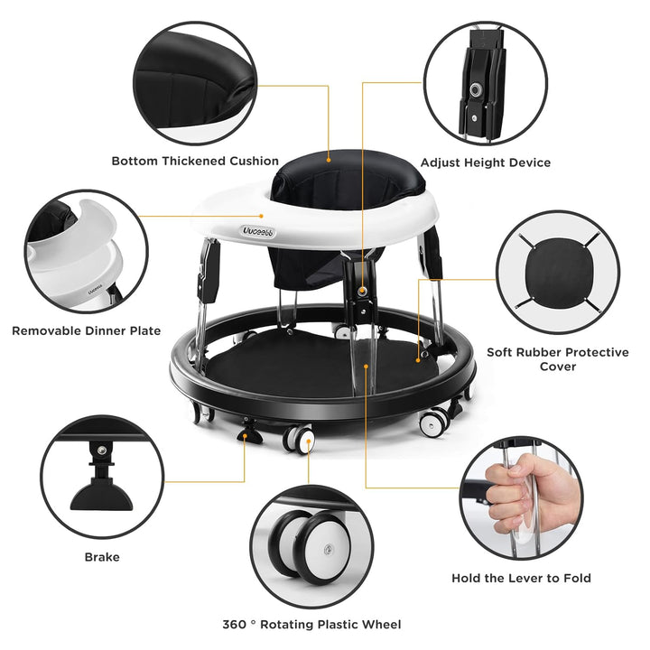 Baby Walker with Wheels, One-Touch Folding Anti-Roll 8-Wheel Baby Walkers, 7-Speed Height Adjustment with Large Dinner Plate and Brake 6-18 Months Baby Walker, Black