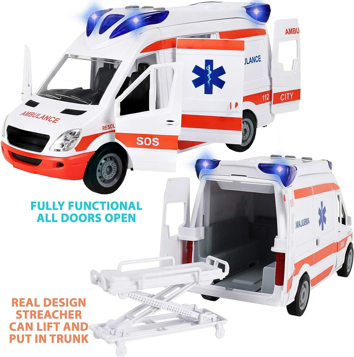Ambulance Toy with Lights and Sound Friction Powered Emergency & Rescue Vehicle Set Doors That Open and a Stretcher