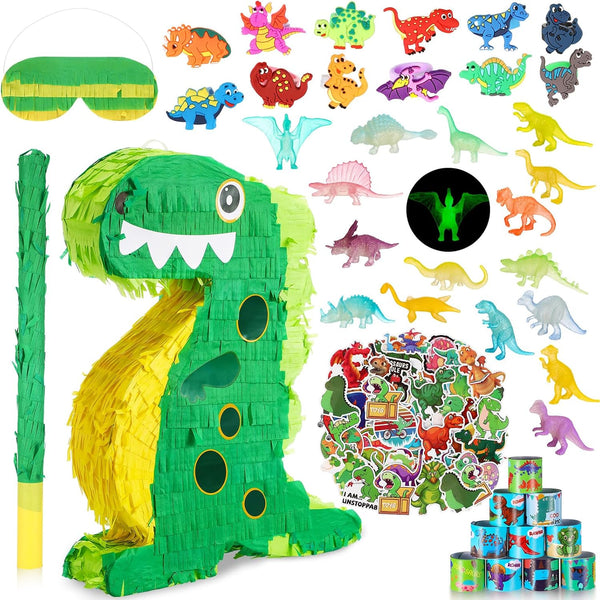 141 Pcs Dinosaur Piñata for Birthday Party, Dino Piñata Set with Blindfold and Baton, 16 X 12 X 3 Inch, Kids Dinosaur Themed Party Favors for Boys and Girls(Lovely Style)