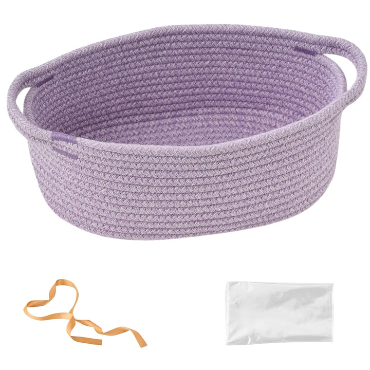 Gift Basket with Wrap Bag & Ribbon – Empty Small Woven Basket (12"X8"X5"), Cute Decorative Storage Organizer for Baby Showers, Pets, Toys, Shelves and More – White