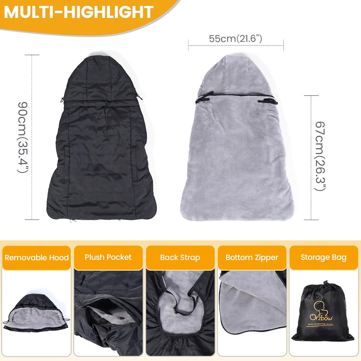 Winter Baby Carrier Cover with Detachable Hood, Waterproof & Windproof, Universal for Baby Carriers and Baby Waist Stool, Baby Bunting Bag for Car Seats and Strollers with Storage Bag, Black