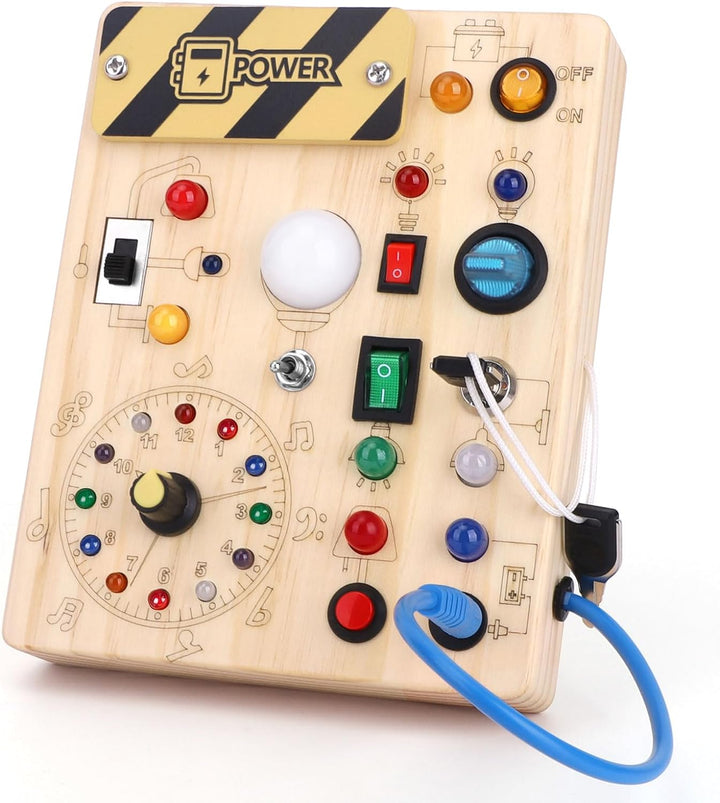 Montessori Wooden Busy Board with 8 LED Light Switches, Sensory Toys Light Switch Travel Toys for 1+ Year Old Baby and Toddler