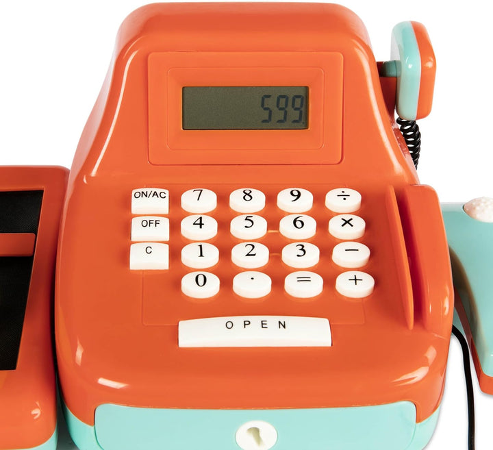 – Interactive Kids Cash Register with Scanner & Sounds – 26 Pieces Pretend Play Shopping Set with Light – up Scanner, Play Money & Card – Educational Toy for Learning & Fun – 3+ Years