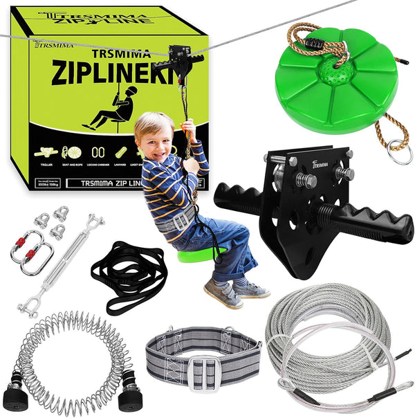 100 Ft /120 Ft /150 Ft/180Ft Zip Line Kit for Kids and Adult up to 380 Lb - Updated Removable Design Trolley and Thickened Seat, Rust Proof W/Safety Harness - Zipline Kits for Backyard