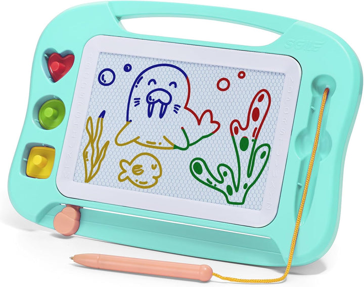 Large Magnetic Drawing Board - 4 Colors 16×13In Writing Painting Doodle Pad with 4 Stamps for Toddlers, Learning Educational Toy Etch Sketch Gift for 36+ Month Kids Girls Boys, Blue