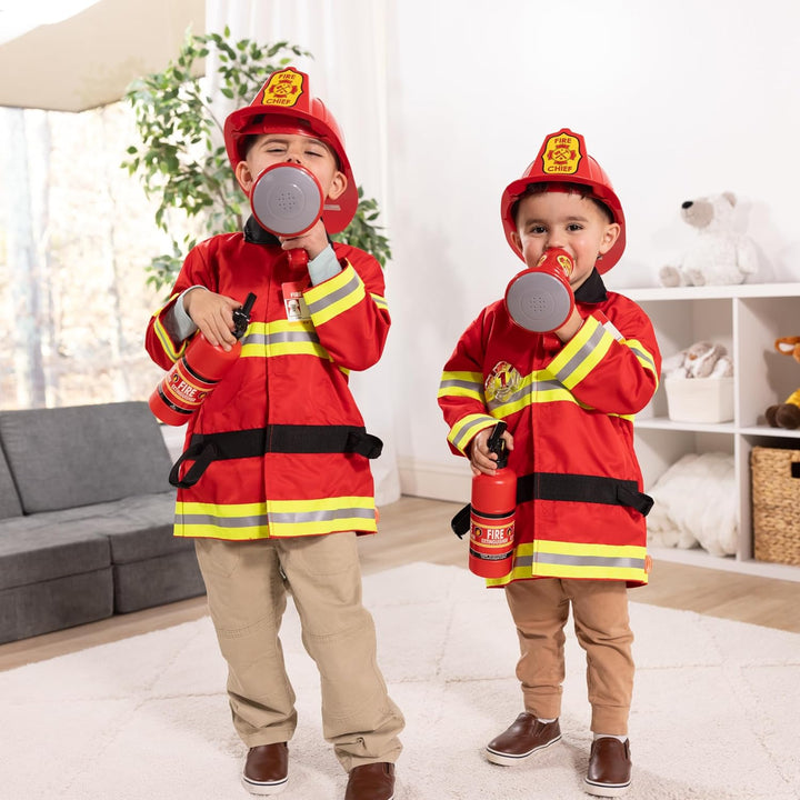 Fire Chief Role Play Costume Dress-Up Set Pretend Fire Fighter Outfit with Realistic Accessories, Firefighter Costume for Kids and Toddlers Ages 3+