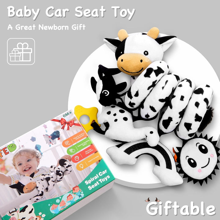Spiral Car Seat Baby Toys 0-6 Months, Infant Carseat High Contrast Sensory Toys Hanging Stroller Accessories, Newborn Gifts for Baby Boys Girls Essentials, Cute Black and White Cow