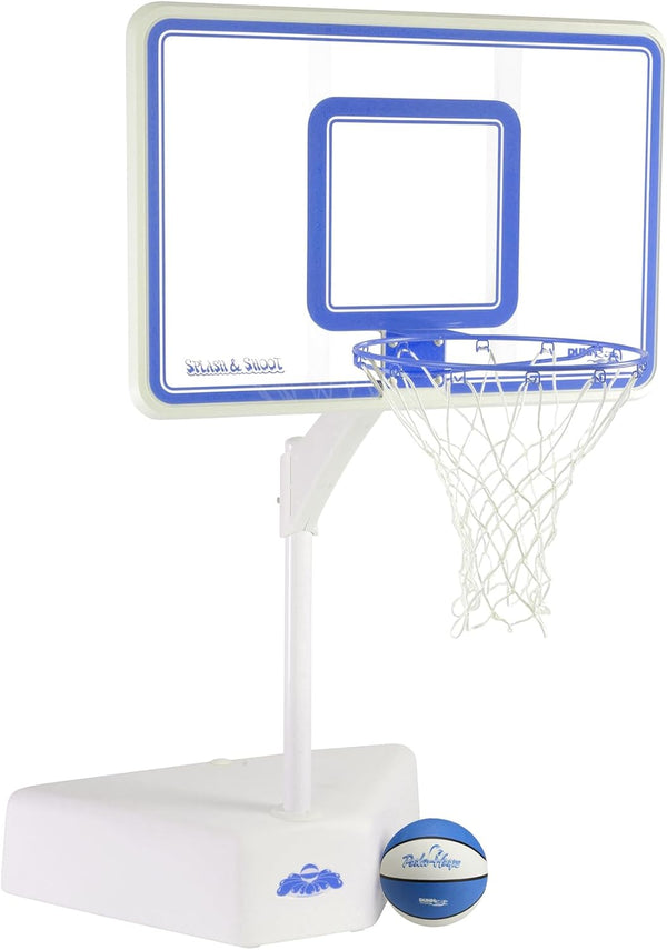 Dunn-Rite Splash & Shoot Clear Outdoor Adjustable Height Swimming Pool Basketball Hoop W/Ball, Base, & 18 Inch Stainless Steel Rim, Blue