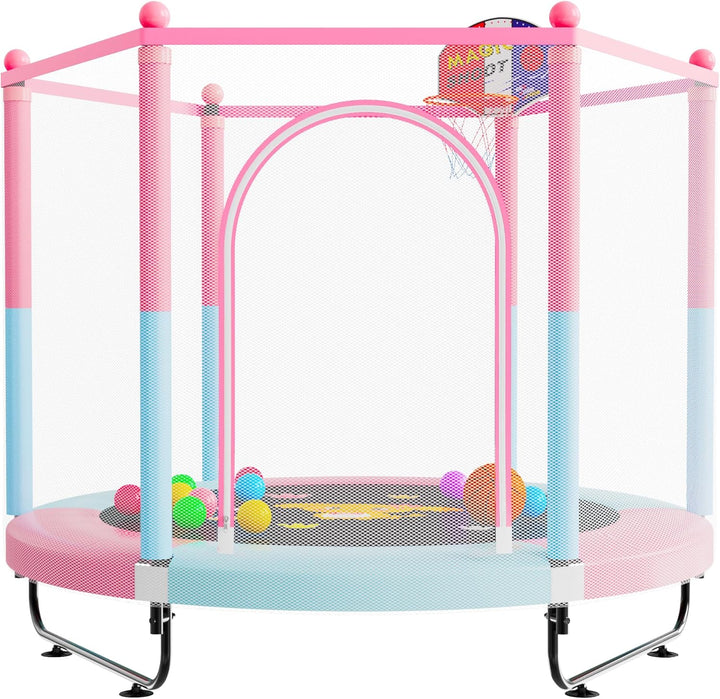 60" Trampoline for Kids, 5 FT Indoor & Outdoor Toddler Baby Trampoline with Basketball Hoop, Safety Enclosure, Birthday Gifts for Kids, Gifts for Boy and Girl, Age 3-8