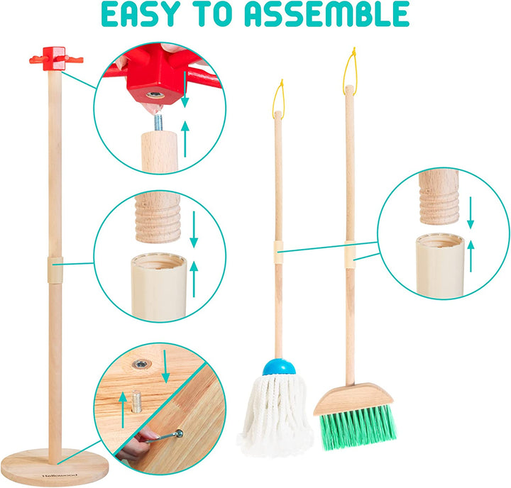 Kids Cleaning Set, 8 Pcs Wooden Housekeeping Play Set Includes Broom Mop Duster Dustpan Brushes Rag and Organizing Stand, Cleaning Toys Gift for Toddlers Girls Boys Age 3-6, Solid Beech Wood