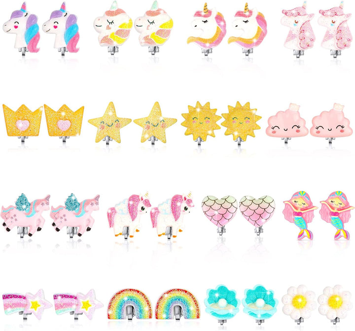 16 Pairs Kids Clip on Earrings for Girls Cute Unicorn Mermaid Non Pierced Clip on Earrings for Kid Little Girl