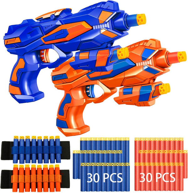 2 Pack Blaster Guns Boys Toy-With 60 Soft Foam Darts Bullets& 2 Wrist Bands- Easter Basket Stuffers Hand Gun Toys Party Supplies for 3,4,5,6,7,8,9 Years Kids