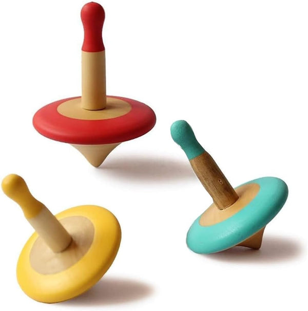 Spinning Tops for Kids 2 3 4 5+ Year Old, Set of 3 Wooden Montessori Toys, Improves Hand Eye Coordination, Great for Sensory Play, Eco-Friendly 100% Child Safe (Red/Blue/Yellow)
