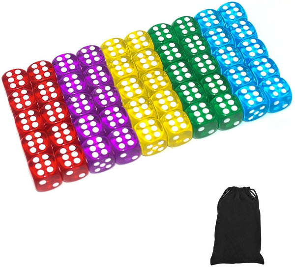 50 of Pack 14MM 6 Sided Dice Set Translucent Colors Dice, with Black Pouch for Board Game