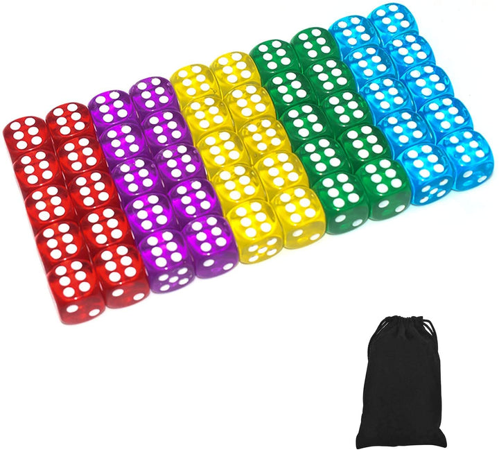50 of Pack 14MM 6 Sided Dice Set Translucent Colors Dice, with Black Pouch for Board Game