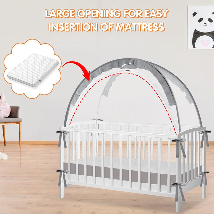 Crib Tent to Keep Baby from Climbing Out - Crib Net to Keep Baby in - Pop up Breathable Cribs Cover - Canopy with Upgrade Strong Mesh and Durable Zipper (Grey, Lager)