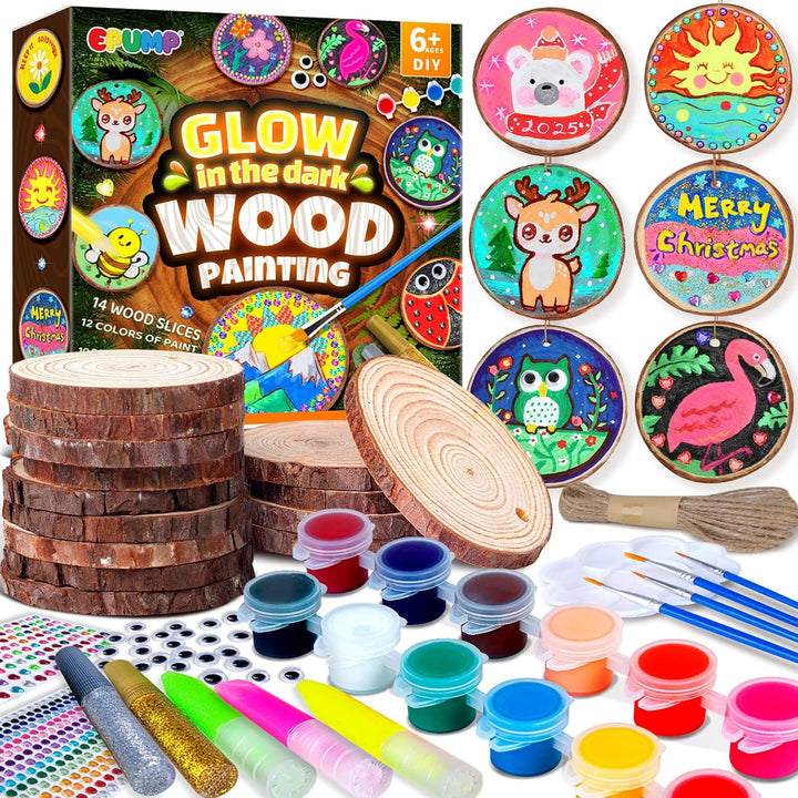 Wooden Painting Kit for Kids - Glow in the Dark Arts and Crafts Supplies Kits for Boys Girls - Kids Activities Creative Art Set Birthday Gifts DIY Paint Toys for Ages 6 7 8 9 10 11 12 Years Old
