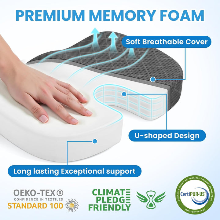 Seat Cushion - Memory Foam Cushion for Office Chair, Car Seat, Airplane, Bleacher - Sciatica & Hip & Coccyx Pain Relief Desk Chair Cushion for Long Sitting Office Workers, Car Drivers