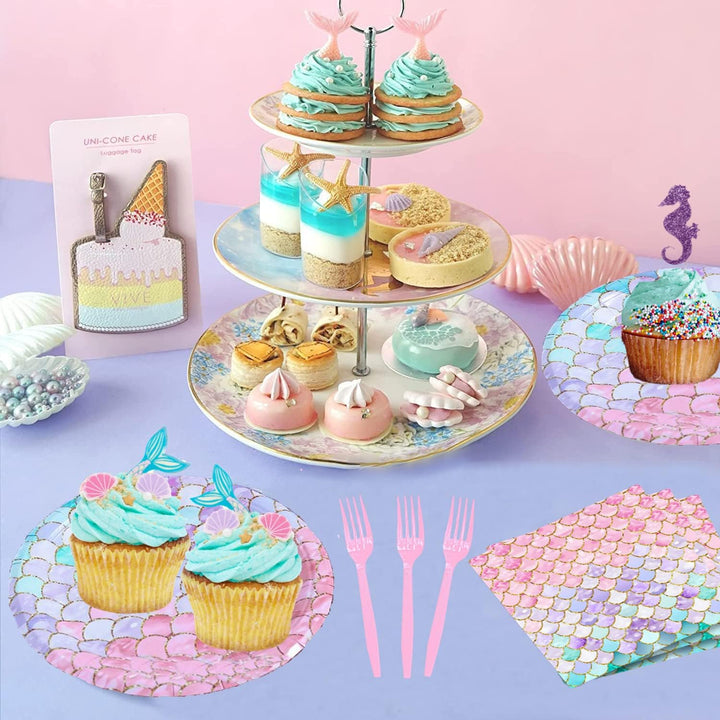 96 Pcs Mermaid Birthday Party Supplies Plates and Napkins Set for 24 Guests, Little Mermaid Party Decorations Ocean under the Sea Party Tableware Plate, Fork, Napkins for Princess Girls