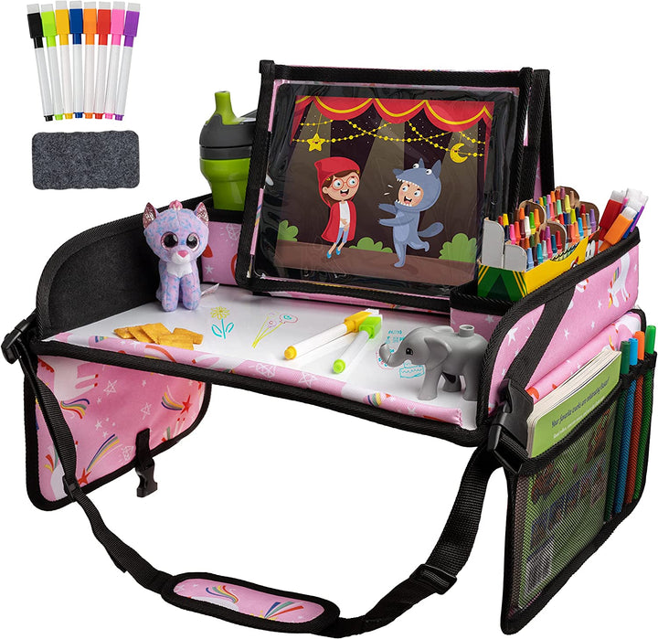 Car Seat Tray for Kids Travel - Black 600D Oxford Lap Desk Organizer with Dry-Erase Surface, Tablet Stand, Snack Holder & Cup Holder - Travel Tray for Kids Car Seat