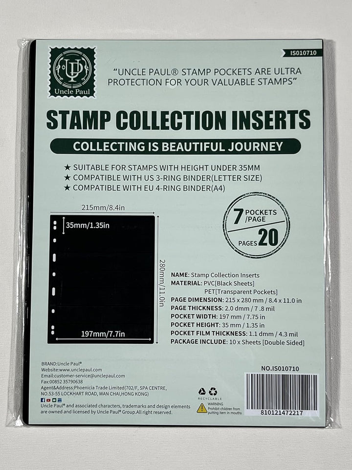 10 Sheets 20 Pages Postage Stamp Album Pages, 7 Pockets 7.7X 1.35In Stamp Collection Inserts, 9 Hole Standard Stamp Collecting Album Sleeves for Stamp Collection Binder IS010710