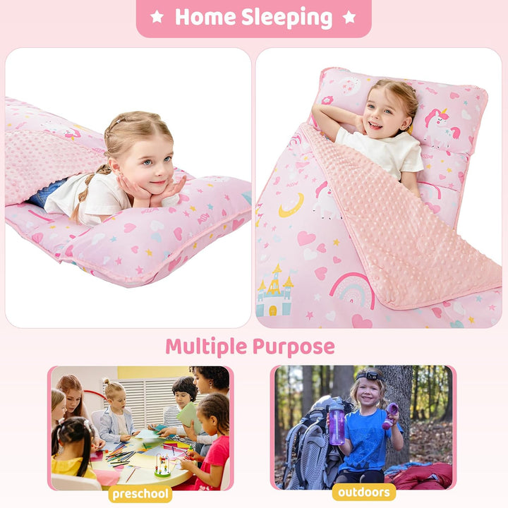 Toddler Kid Nap Mat for Preschool, Girls Pink Princess Slumber Bag, Daycare Sleeping Bag with Pillow and Blanket, Kindergarten Sleep Mat