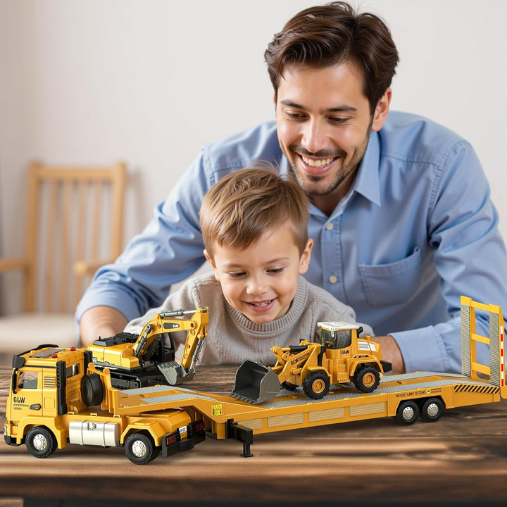 Kids Toys for 3 4 5 6 7 Years Old Boys, Die-Cast Construction Toys Set W/Semi Truck, Excavator, Bulldozer, Alloy Engineering Construction Vehicles Truck Toys W/Lights & Sounds, Model Cars