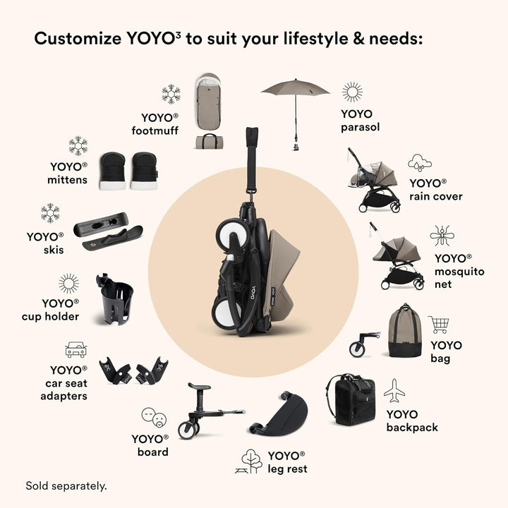 YOYO 0+ Newborn Pack, Taupe - Includes Mattress, Extendable Canopy & Five-Point Harness - Requires YOYO3 Frame (Sold Separately)