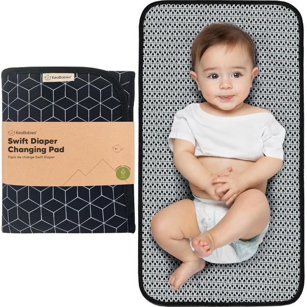 Portable Diaper Changing Pad, Easy Wipe Clean - Foldable Waterproof Baby Changing Mat for Diaper Bag, Compact, Lightweight, 25X13 Baby Changer Travel Essential, Machine Washable (Black Geo)