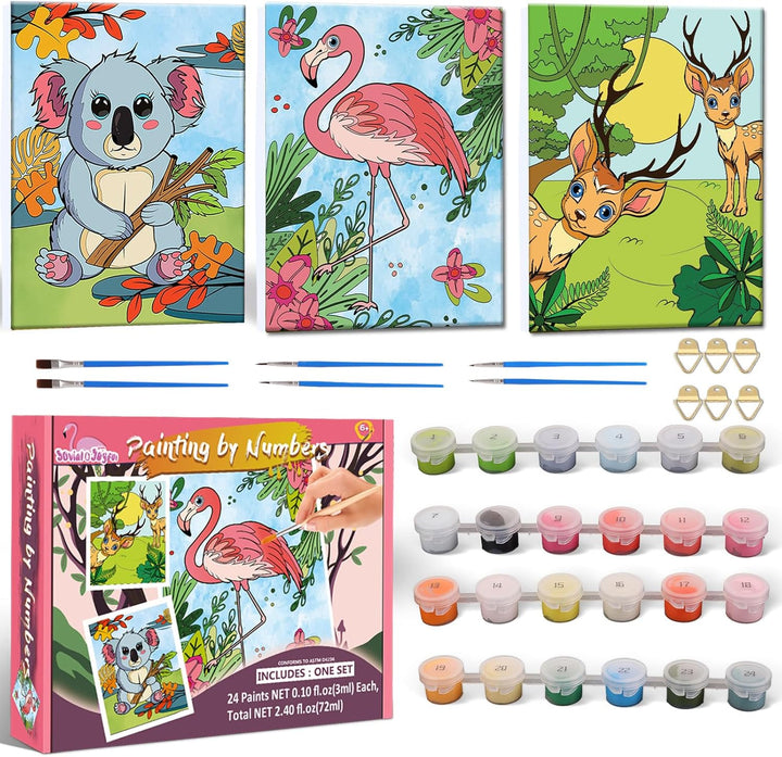 Paint-By-Numbers Kit - 3 Pack Framed Canvas, 24X3Ml Acrylic Paints, 6 Brushes, Predrawn Canvas, Art Set for Teens & Kids